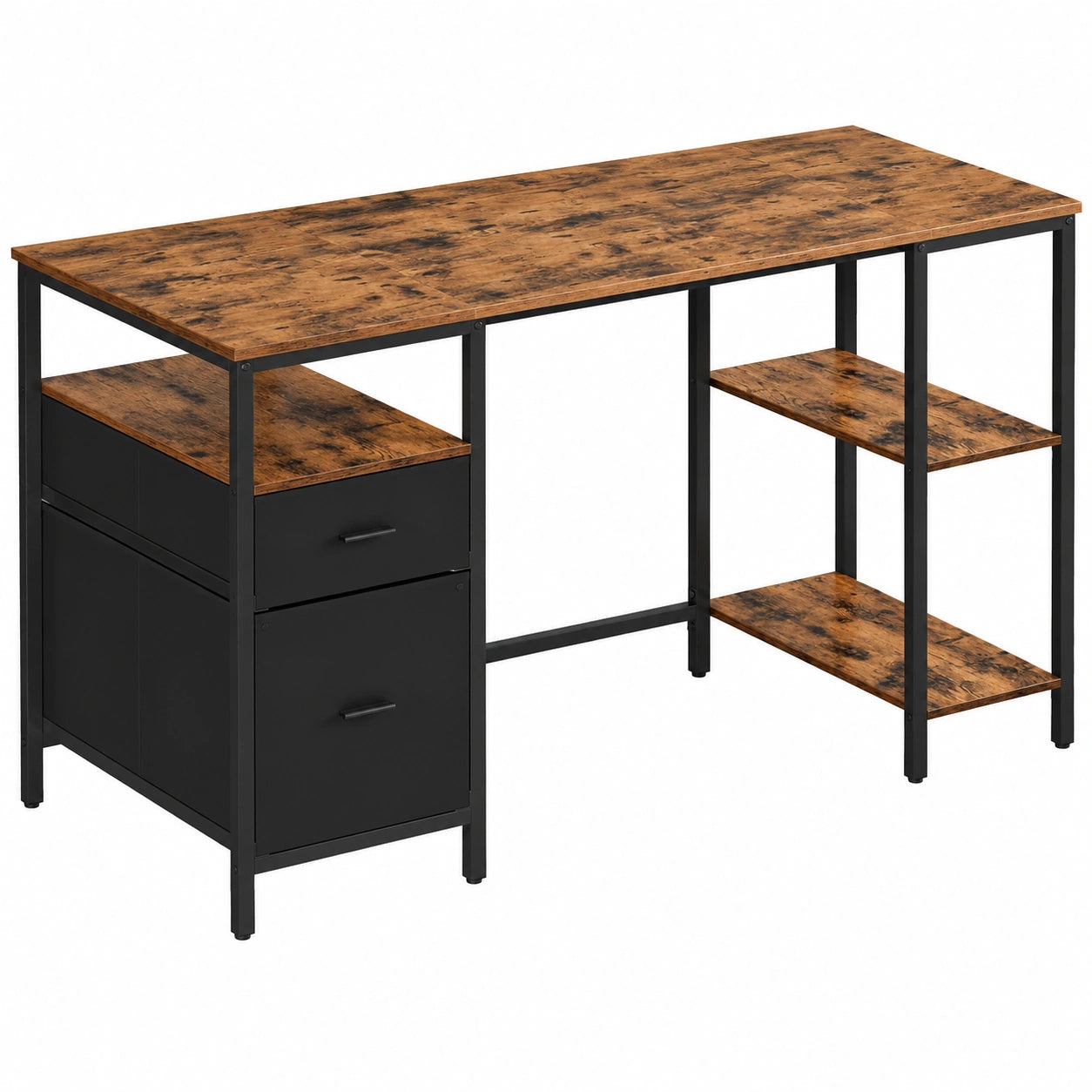VASAGLE Schreibtisch im Industriestil, 140 x 60 x 76 cm, mit 3 Regalen und 2 Schubladen, für Büro und Wohnzimmer, vintagebraun-schwarz