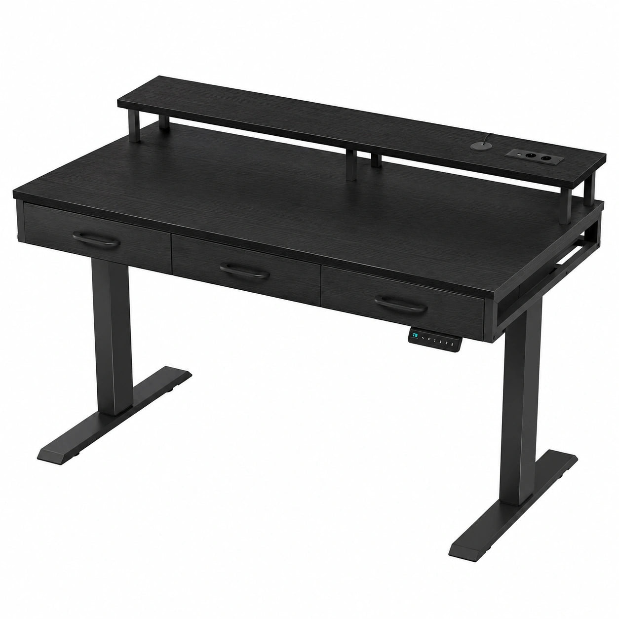 Höhenverstellbarer Elektrischer Schreibtisch mit Monitorständer und Schubladen, 140cm Gaming Tisch mit Steckdosen und LED-Licht, Schwarz