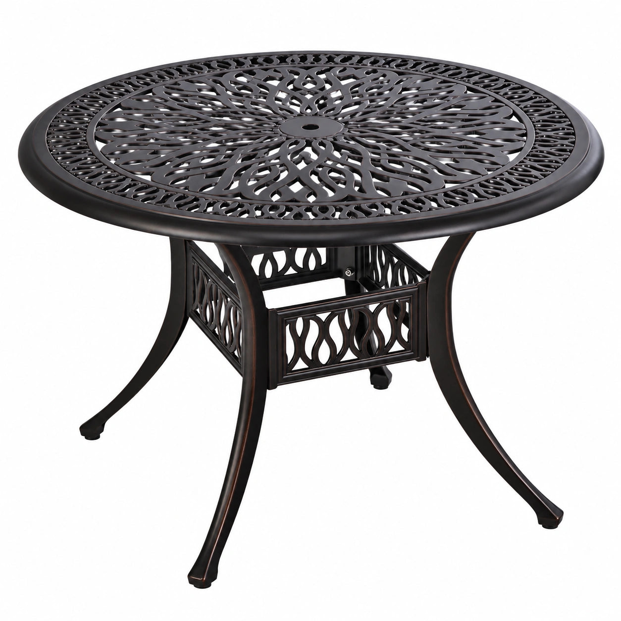 Runder GIANTEX Gartentisch aus Aluminium, 90 cm, mit 5 cm Schirmloch und verstellbaren Füßen, wetterfester Esstisch für Terrasse und Balkon, Braun