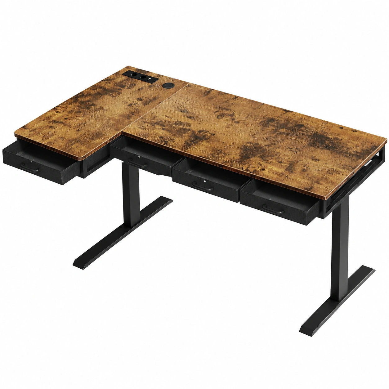 Höhenverstellbarer L-förmiger Eckschreibtisch mit Schubladen und Steckdose, 160x80 cm, Vintage Braun