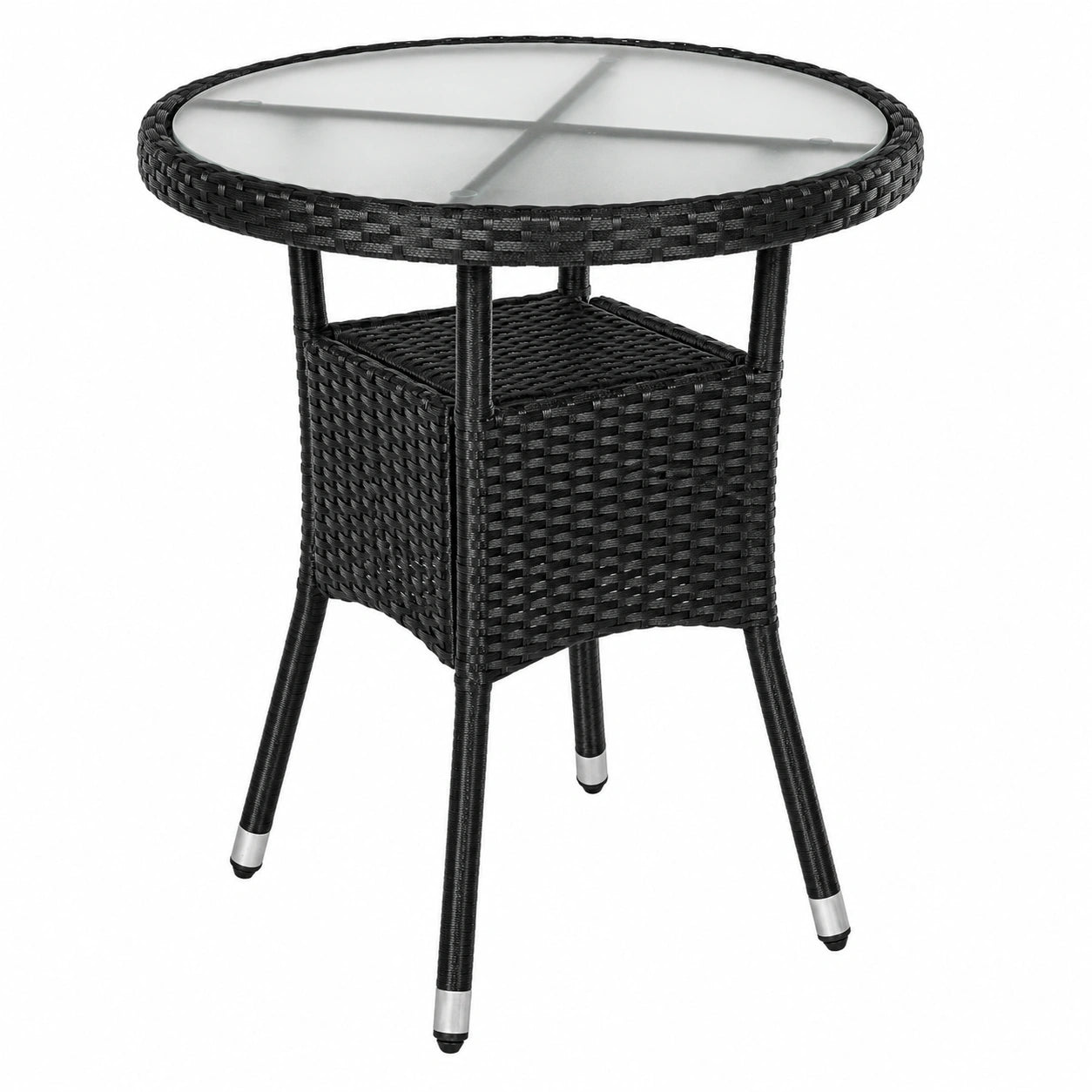 Runder Beistelltisch mit Milchglasplatte aus Polyrattan, Schwarz, 60 cm