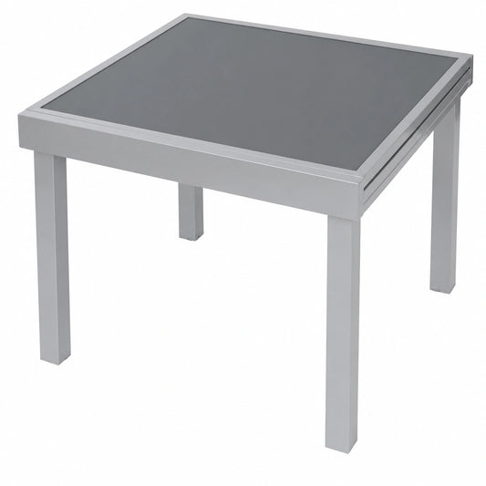 Ausziehbarer Gartentisch Diplomat aus Aluminium mit Sicherheitsglas, Balkon- und Gartenmöbel, 90-180 cm, Silber, Anti-Fingerprint