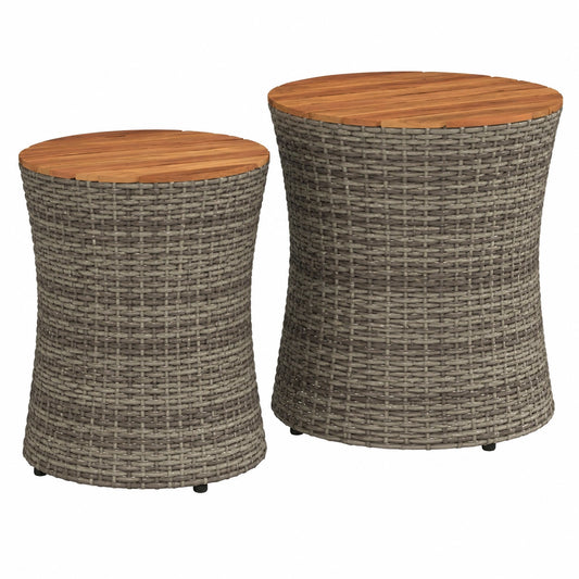 2er Set Gartentische mit Holzplatte und Stahlgestell, Poly Rattan Grau