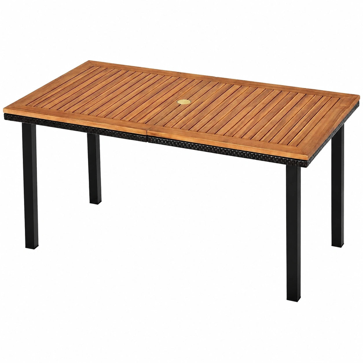 COSTWAY Rechteckiger Esstisch aus Akazienholz, 140x75x76 cm, für 6-8 Personen, Gartentisch mit Schirmloch und Metallrahmen