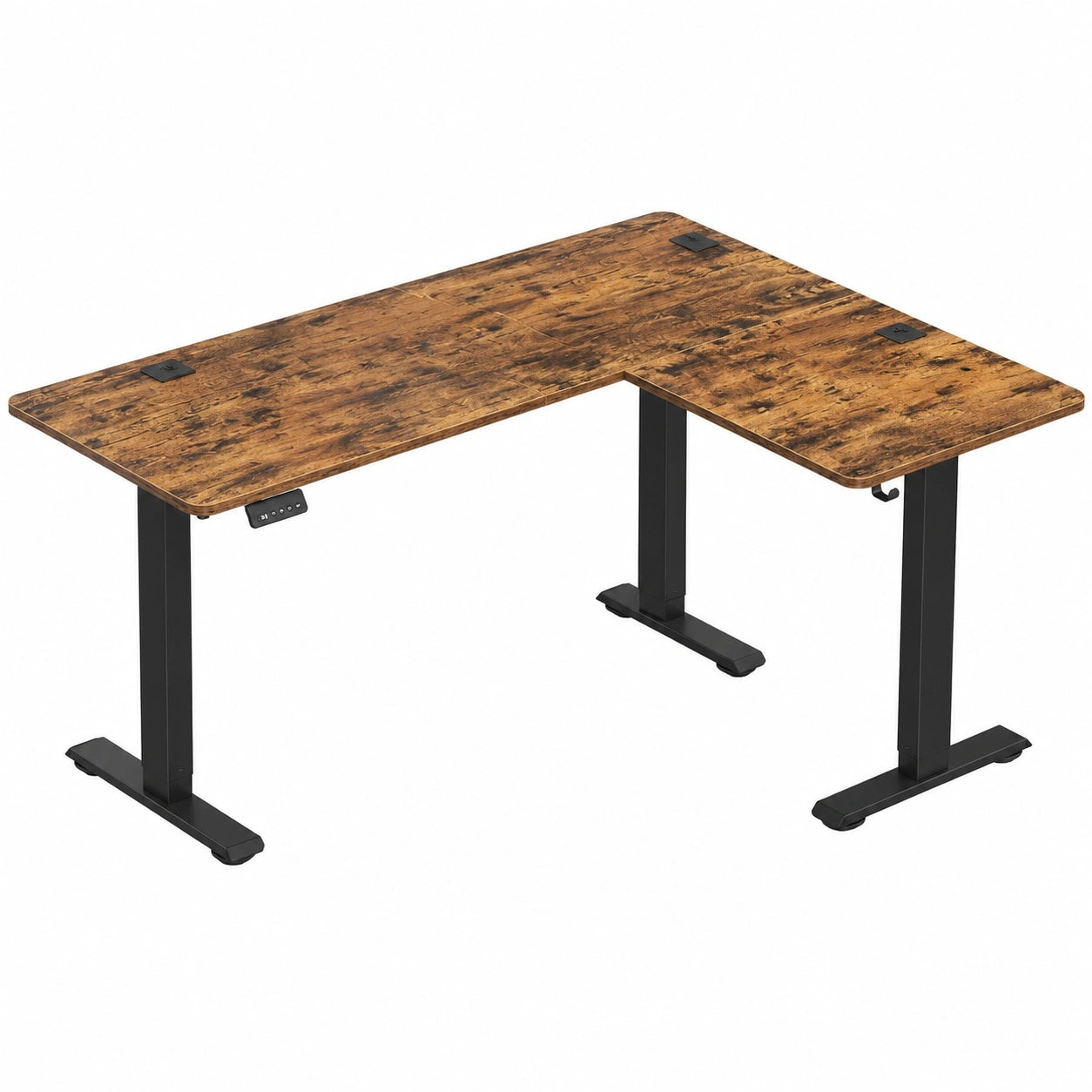 Elektrischer Eckschreibtisch höhenverstellbar, L-Form, 140 x 160 cm, mit Ladefunktion und Memory-Steuerung, für Büro, Vintage Braun-Schwarz