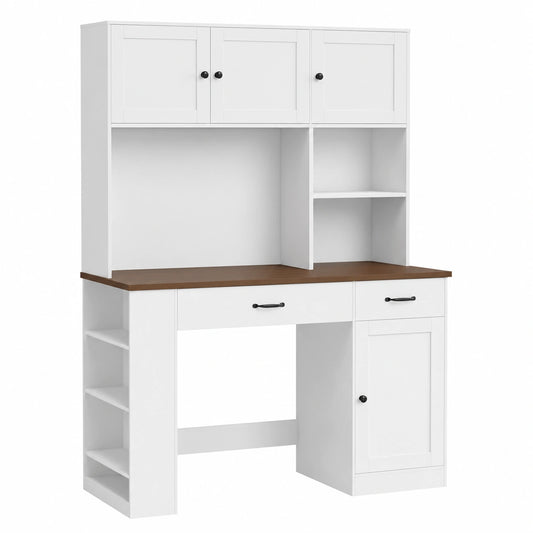 Schreibtisch 180 cm mit Schubladen & Regal, Holz Computertisch mit LED & Steckdose, Weiß