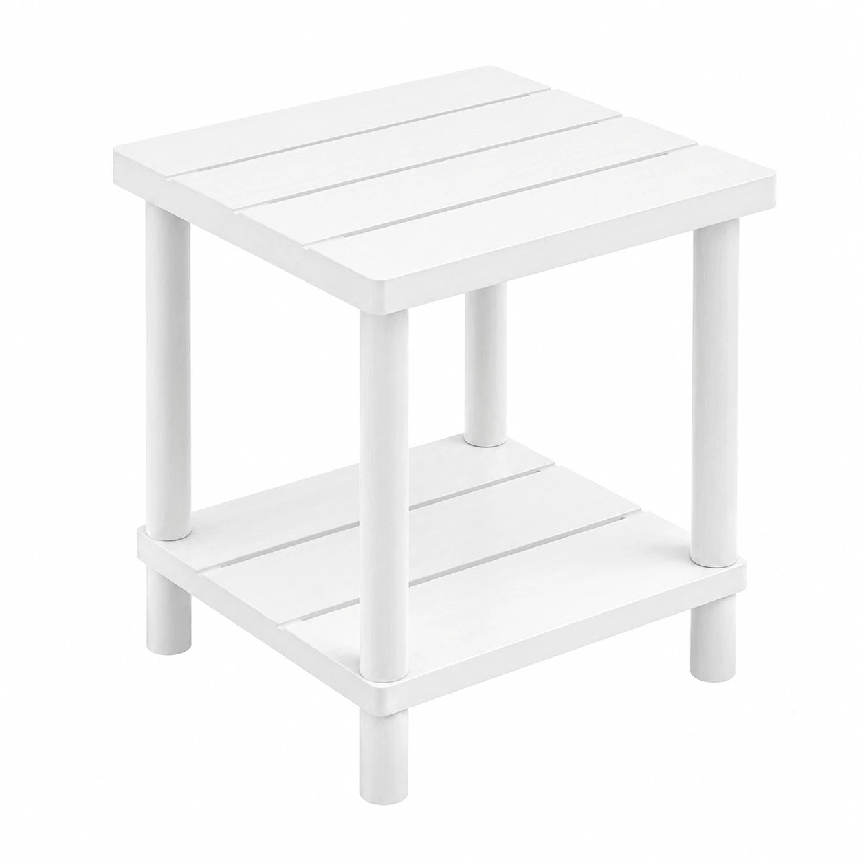 LEJANEOYE Weißer Beistelltisch, 2-stufiger kleiner Outdoor-Tisch für Terrasse, wetterfester Bambustisch für Pool und Veranda, pflegeleicht