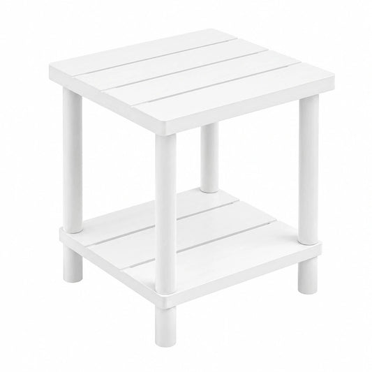 LEJANEOYE Weißer Beistelltisch, 2-stufiger kleiner Outdoor-Tisch für Terrasse, wetterfester Bambustisch für Pool und Veranda, pflegeleicht