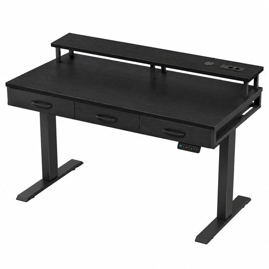 Höhenverstellbarer Elektrischer Schreibtisch mit Monitorständer und Schubladen, 140cm Gaming Tisch mit Steckdosen und LED-Licht, Schwarz