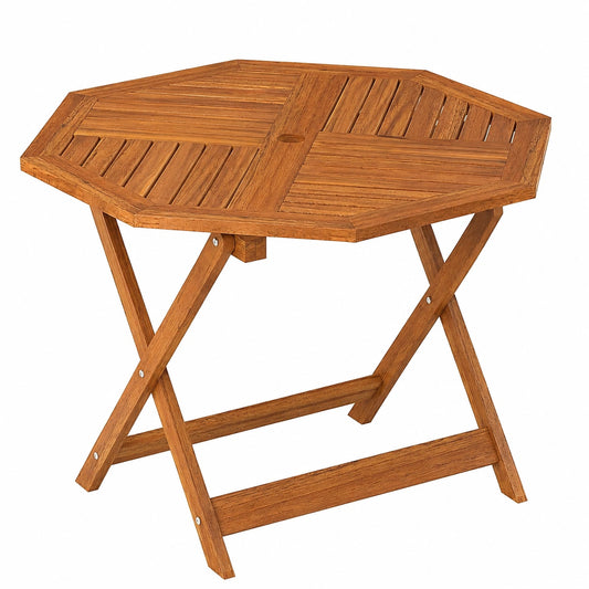 Hochwertiger Goplus Gartentisch aus Massivholz, Beistelltisch mit Schirmloch, ideal für Balkon und Terrasse, 90 cm Durchmesser