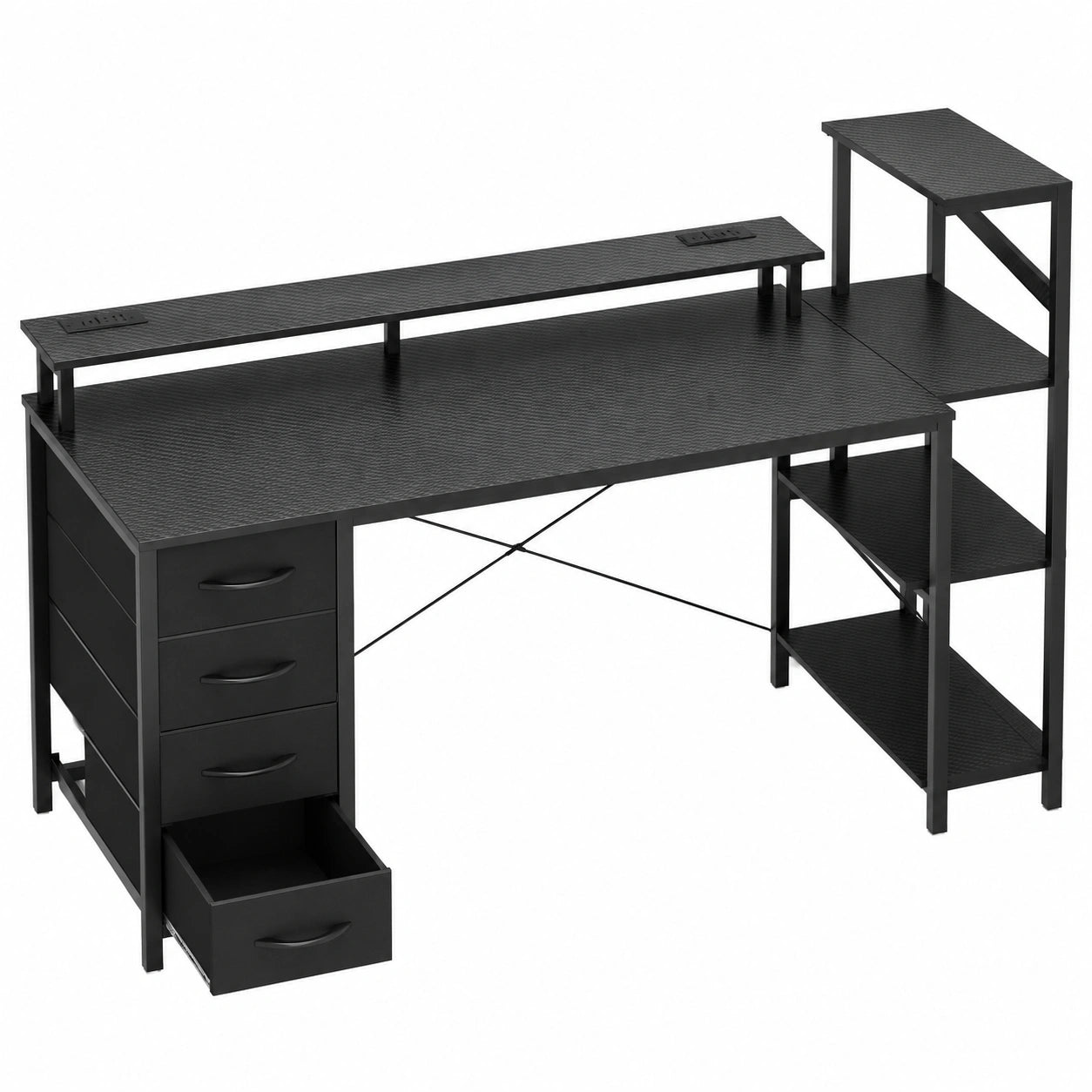 Ergonomischer Gaming-Schreibtisch mit LED-Beleuchtung und USB-Anschluss, reversibel, 150x48cm, mit Monitorständer und 4 Stoffschubladen, ideal für Home Office und Gamer