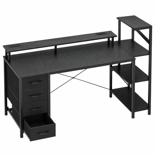 Ergonomischer Gaming-Schreibtisch mit LED-Beleuchtung und USB-Anschluss, reversibel, 150x48cm, mit Monitorständer und 4 Stoffschubladen, ideal für Home Office und Gamer